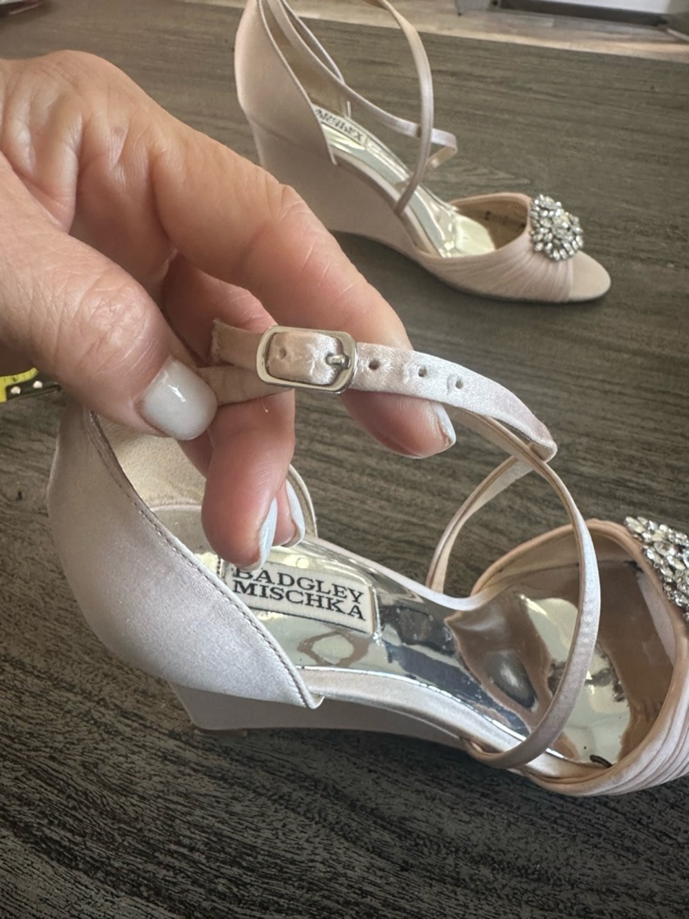 Badgley Mischka Rose Gold Satin Wedge Sandal with Crystal Accent - Picture 11 of 11